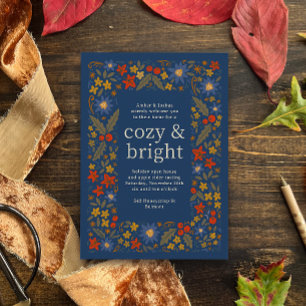 Blue Fall Folksy Floral Frame Autumn Party Invitation