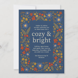 Blue Fall Folksy Floral Frame Autumn Party Invitation