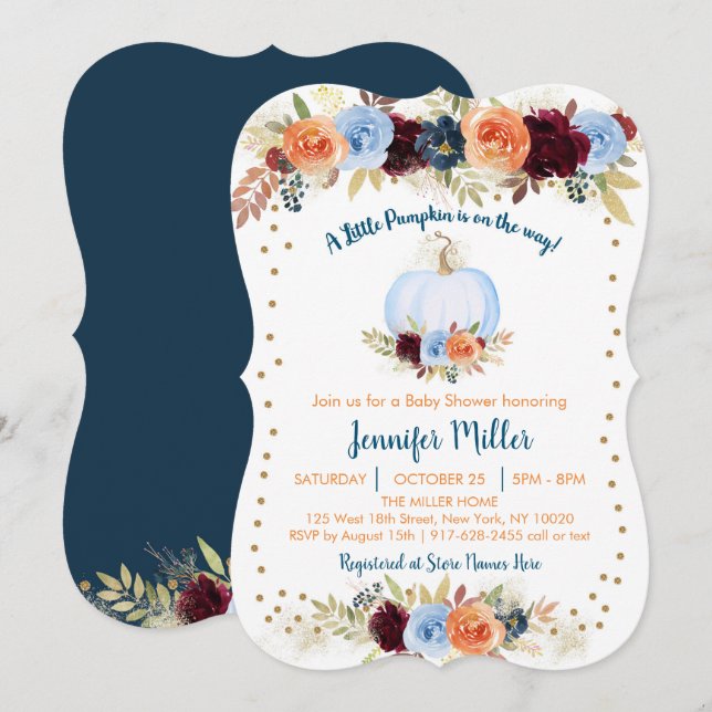 Blue Fall Pumpkin Floral Baby Shower Invitation (Front/Back)
