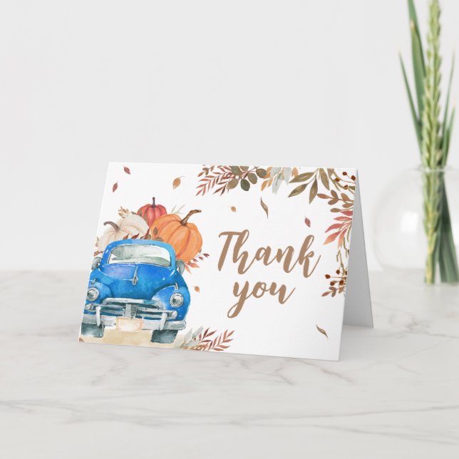 Blue Fall Pumpkin Truck Baby Shower Thank You Card (Front)
