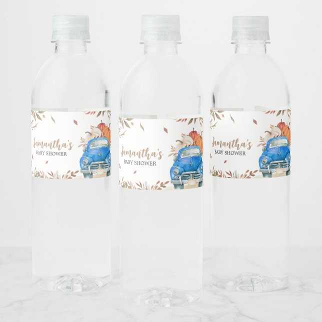 Blue Fall Pumpkin Truck Baby Shower Water Bottle Label (Bottles)