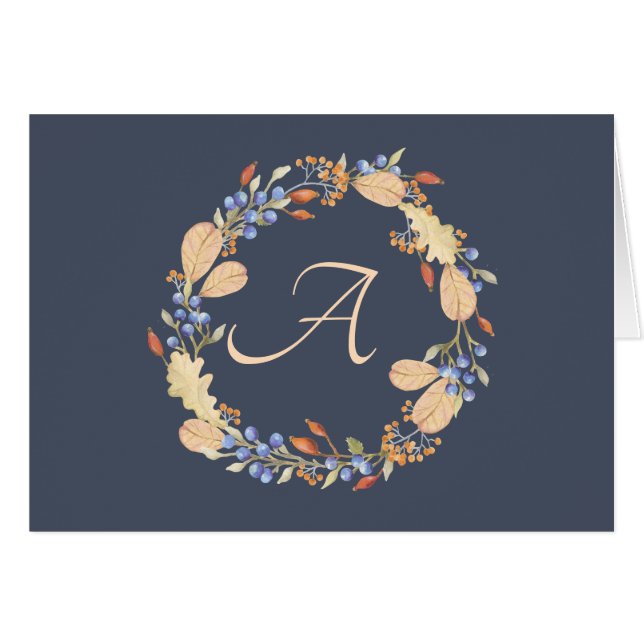 Blue Fall Wreath Script Monogram Note Cards (Front Horizontal)
