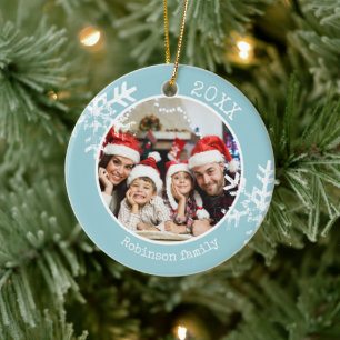 Blue Family Christmas Photo Snowflakes Ceramic Tree Decoration