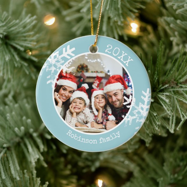 Blue Family Christmas Photo Snowflakes Ceramic Tree Decoration (Tree)