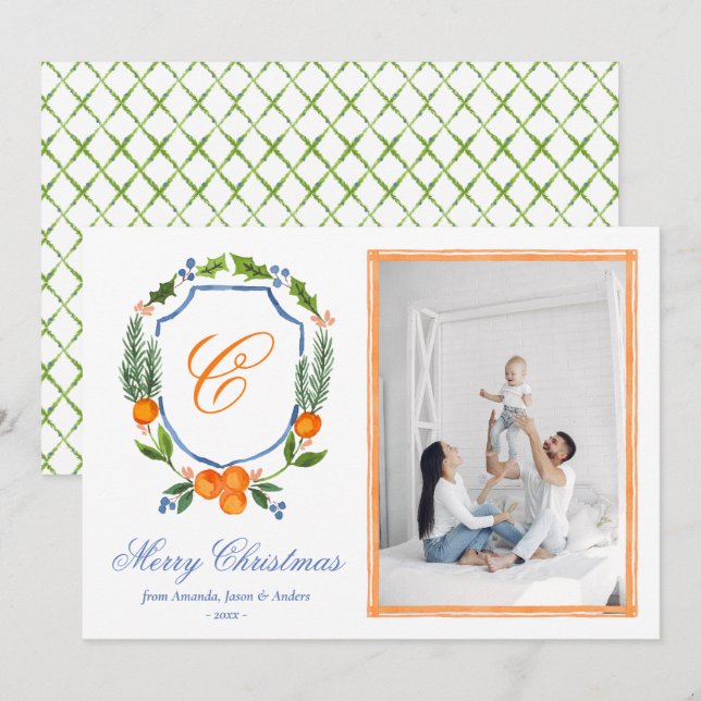 Blue Family Crest Citrus Garland Christmas Photo  Holiday Card (Front/Back)
