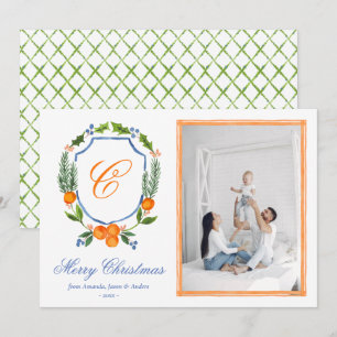 Blue Family Crest Citrus Garland Christmas Photo  Holiday Card