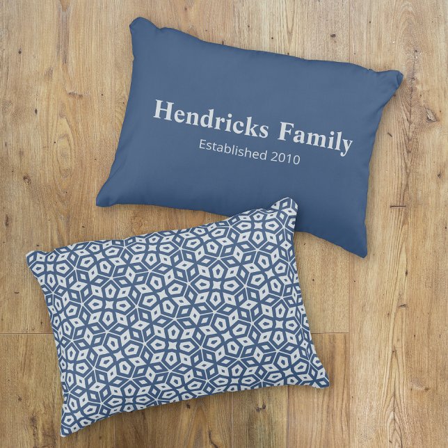 Blue Family Name "Established" with Back Pattern Decorative Cushion (Front and Back in situ)