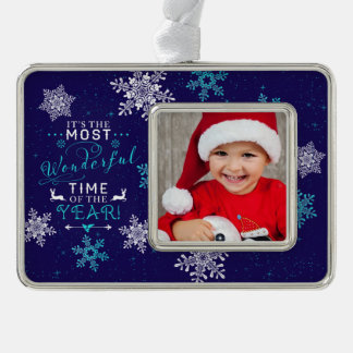Blue Family Photo Christmas Most Wonderful Time Silver Plated Framed Ornament