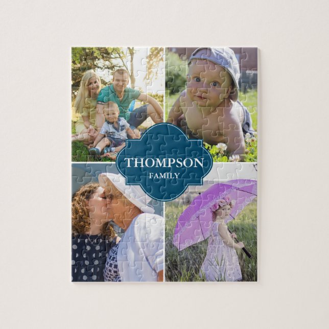Blue Family Photo Collage Family name Jigsaw Puzzle (Vertical)