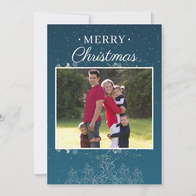 Blue Family Photo Picture Merry Christmas Card (Front)