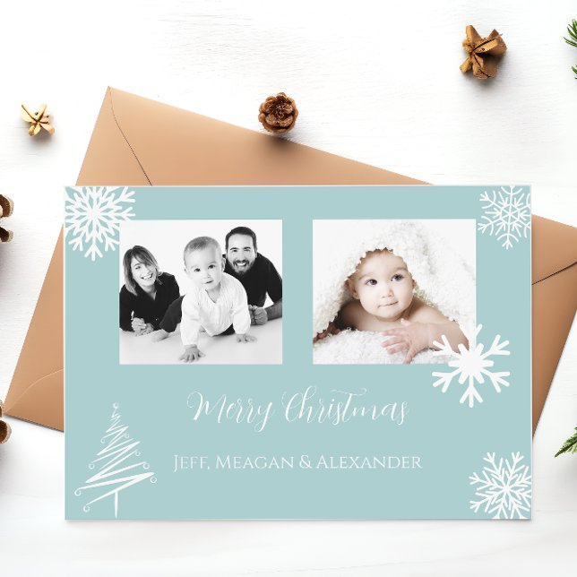 Blue Family Photo Snowflakes Merry Christmas  Holiday Card (Creator Uploaded)