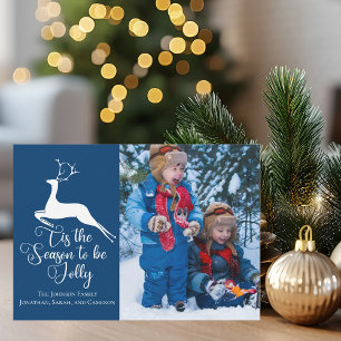 Blue Family Photo Tis the Season To Be Jolly Deer Holiday Card
