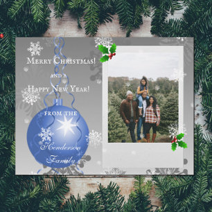 Blue Fancy Christmas Ornament Holiday Photo Card