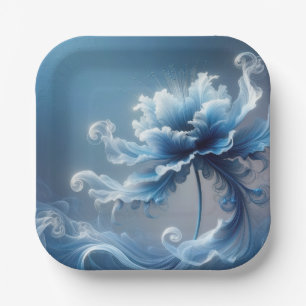 Blue Fancy Fantasy Flower Paper Plate