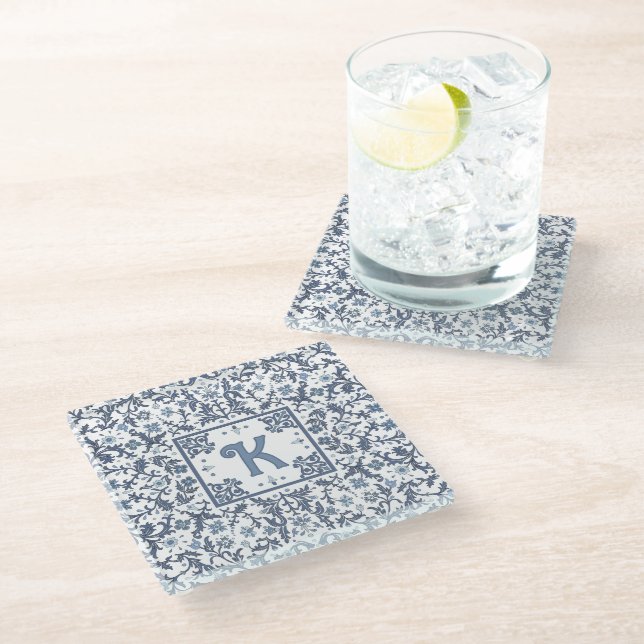 Blue Fancy Floral Graphic Personalised  Glass Coaster (Angled)