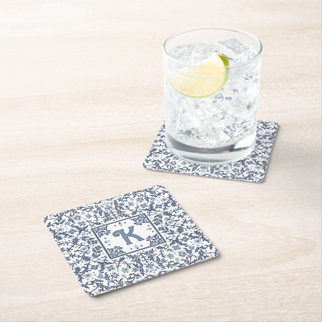 Blue Fancy Floral Graphic Personalised Square Paper Coaster (Insitu)