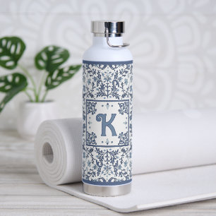 Blue Fancy Floral Pattern Personalised Water Bottle