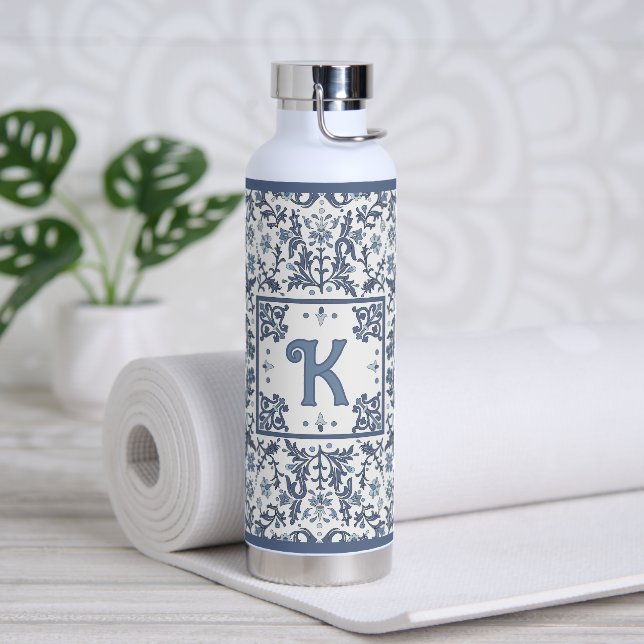 Blue Fancy Floral Pattern Personalised Water Bottle (Yoga)