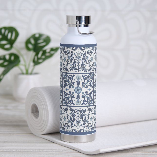 Blue Fancy Floral Pattern Water Bottle (Yoga)