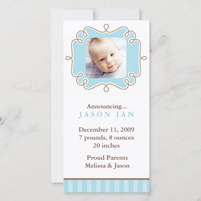 Blue Fancy Frame Photo Birth Announcements (Front)