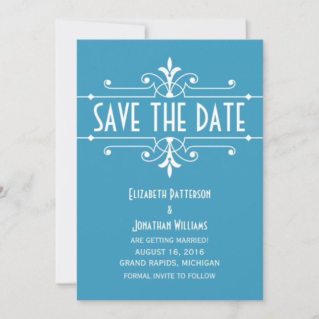 Blue Fancy Ornamental Save the Date Invite (Front)