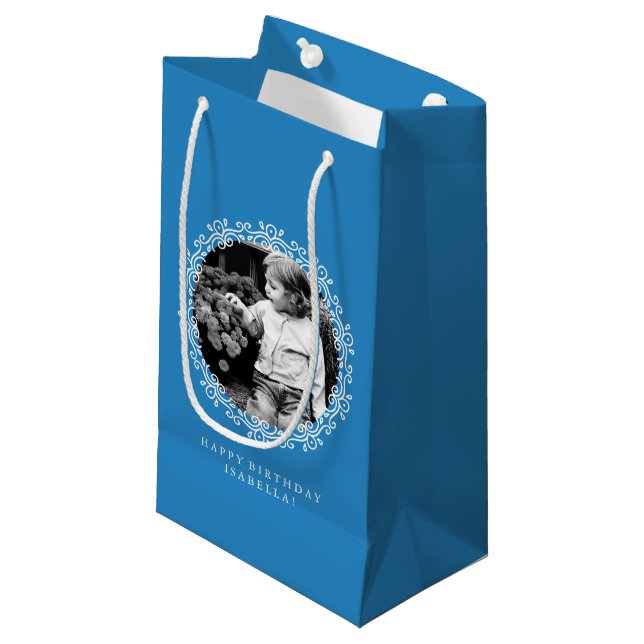 Blue Fancy Swirls Photo Frame Small Gift Bag (Front Angled)