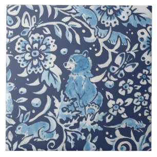 Blue Fantasy Forest Mural Woodland Bear Top Right Tile