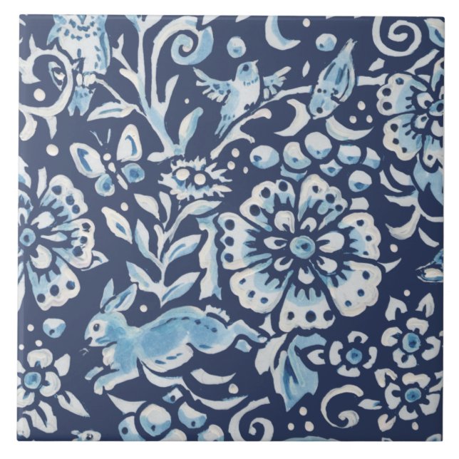 Blue Fantasy Forest Mural Woods Rabbit Bottom Left Tile (Front)
