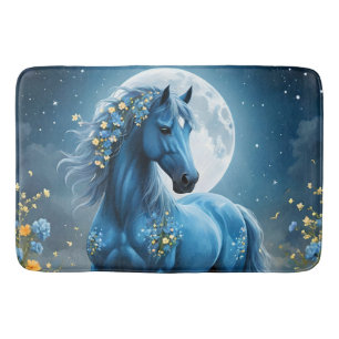 Blue Fantasy Magical Horse Moon Flowers, Bath Mat