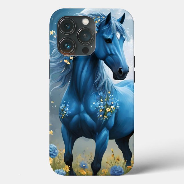 Blue Fantasy Magical Horse Moon Flowers, Case-Mate iPhone Case (Back)
