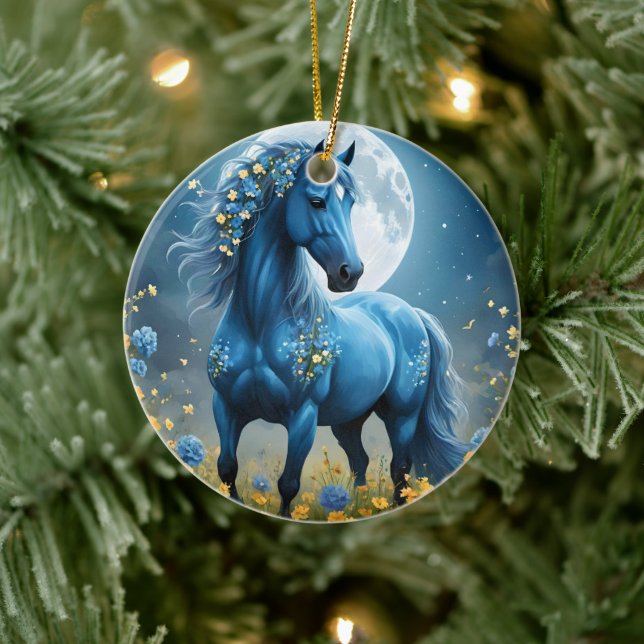 Blue Fantasy Magical Horse Moon Flowers, Ceramic Tree Decoration (Tree)