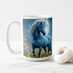 Blue Fantasy Magical Horse Moon Flowers, Coffee Mug