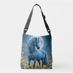 Blue Fantasy Magical Horse Moon Flowers, Crossbody Bag