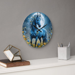 Blue Fantasy Magical Horse Moon Flowers, Large Clock