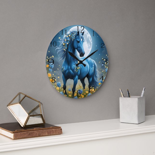 Blue Fantasy Magical Horse Moon Flowers, Large Clock (Office)