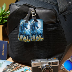 Blue Fantasy Magical Horse Moon Flowers, Luggage Tag