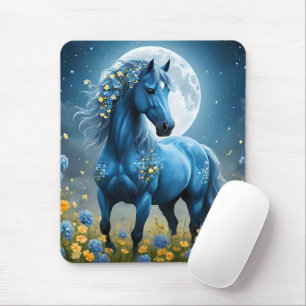 Blue Fantasy Magical Horse Moon Flowers, Mouse Mat
