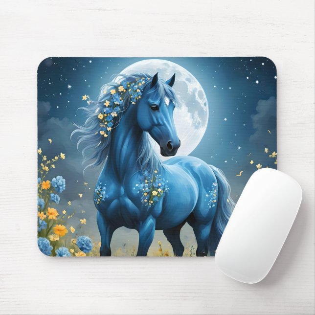 Blue Fantasy Magical Horse Moon Flowers, Mouse Mat (With Mouse)