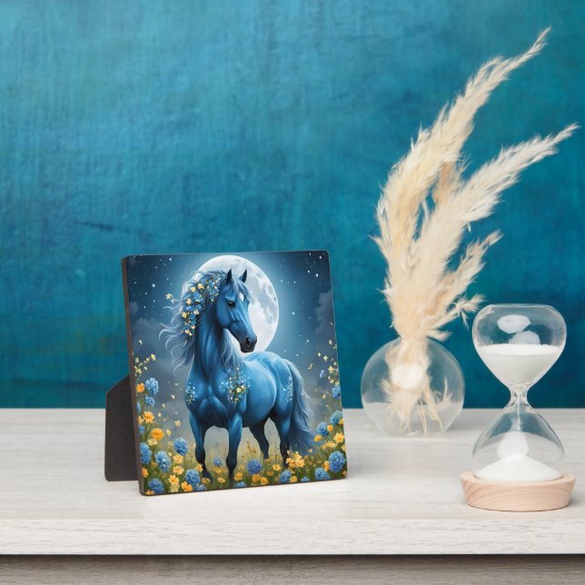 Blue Fantasy Magical Horse Moon Flowers, Plaque (Insitu)