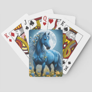 Blue Fantasy Magical Horse Moon Flowers, Playing Cards
