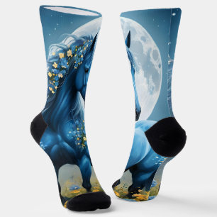 Blue Fantasy Magical Horse Moon Flowers, Socks
