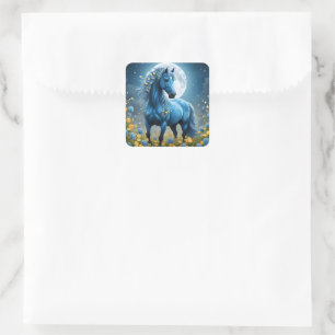 Blue Fantasy Magical Horse Moon Flowers, Square Sticker