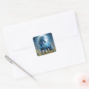 Blue Fantasy Magical Horse Moon Flowers, Square Sticker