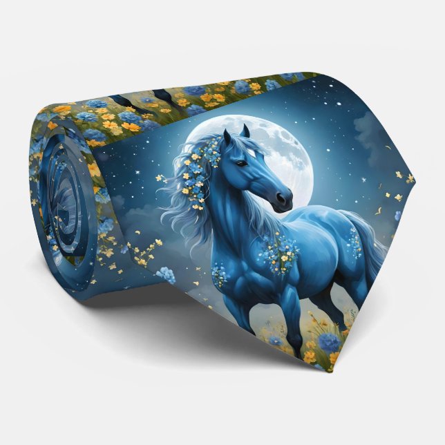 Blue Fantasy Magical Horse Moon Flowers, Tie (Rolled)