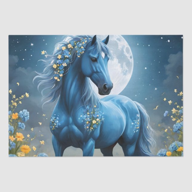 Blue Fantasy Magical Horse Moon Flowers, Tissue Paper (Front)