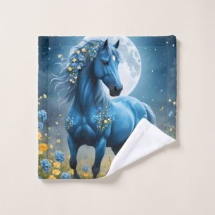 Blue Fantasy Magical Horse Moon Flowers, Wash Cloth