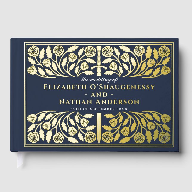 Blue Fantasy Royal Mediaeval Sword Wedding Guest Book (Front)