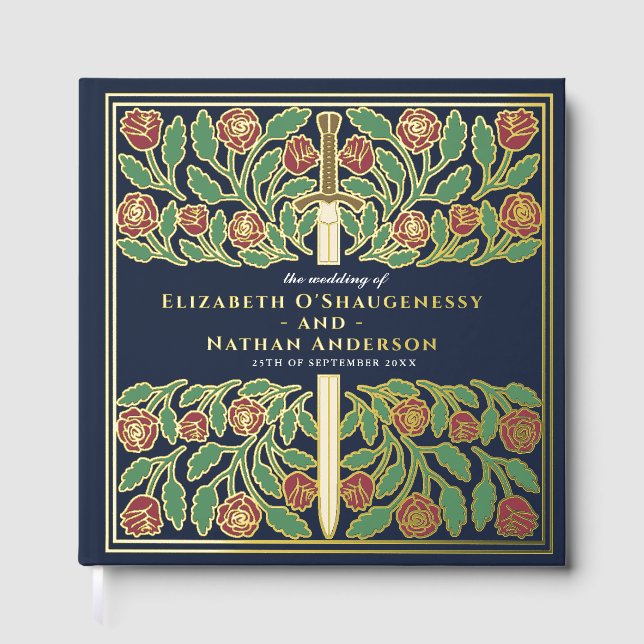 Blue Fantasy Royal Mediaeval Sword Wedding Guest Book (Front)