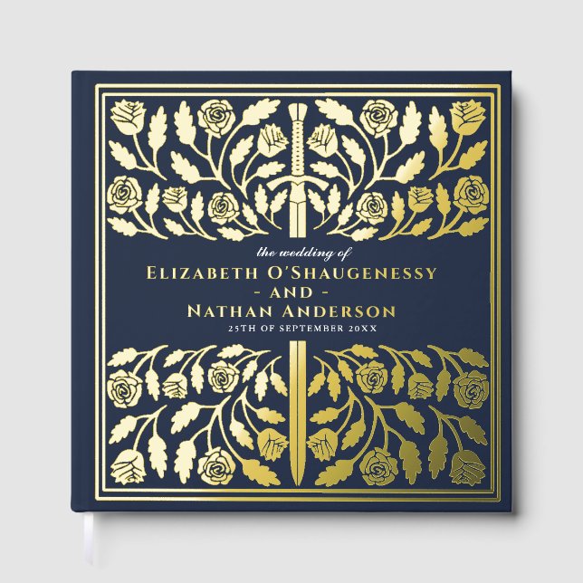 Blue Fantasy Royal Medieval Sword Wedding Guest Book (Front)