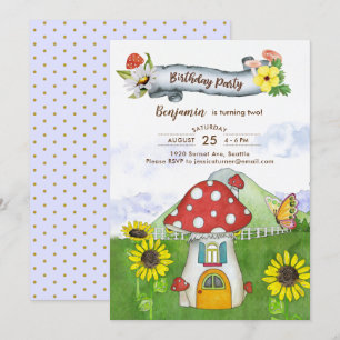 Blue Fantasy Woodland Toadstool House Fun Birthday Invitation